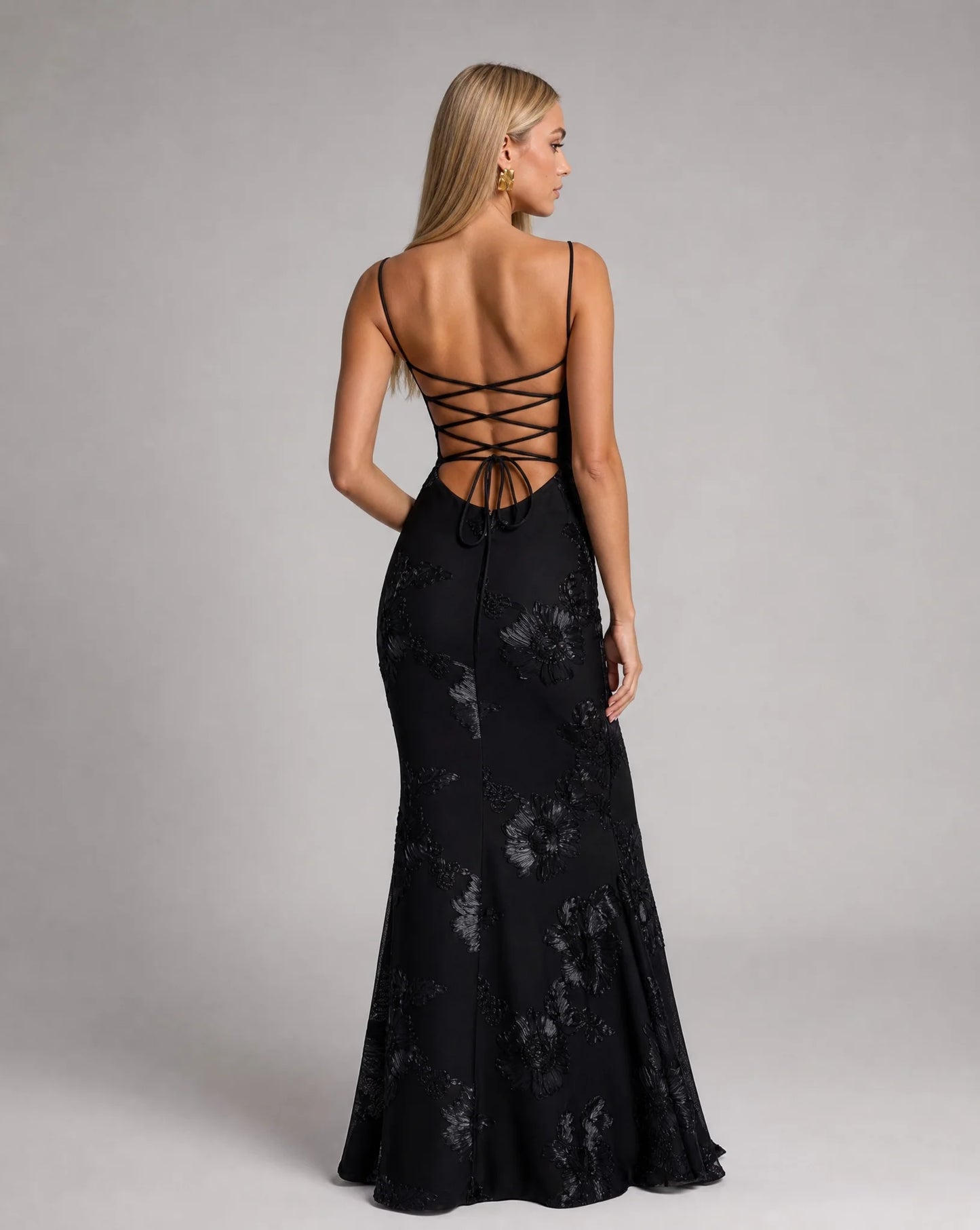 Black floral lace up back maxi dress back view with open back detail and occasion wear styling by ILYNORA