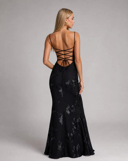 Black floral lace up back maxi dress back view with open back detail and occasion wear styling by ILYNORA