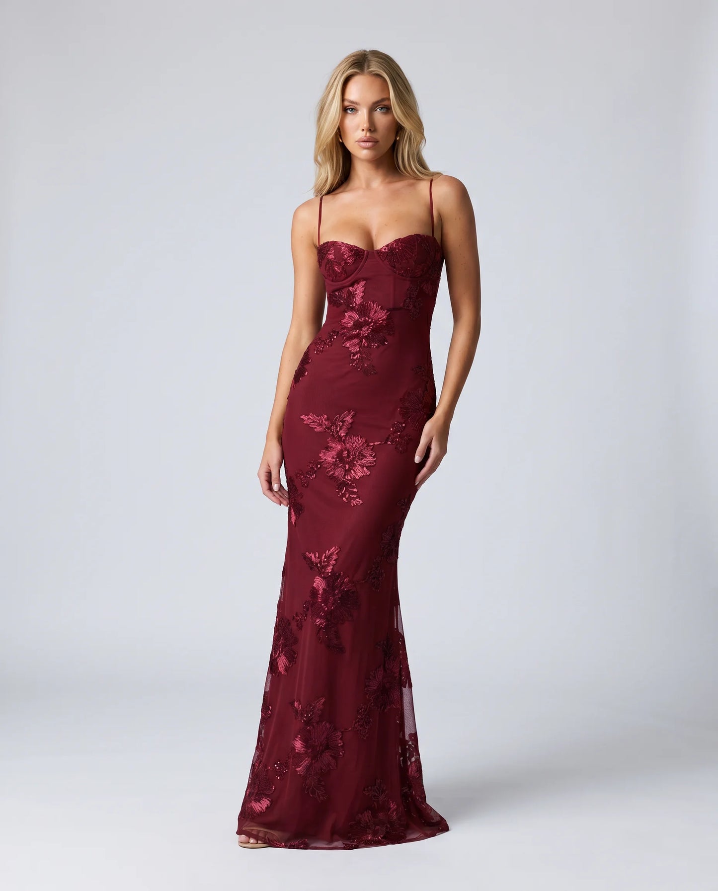 Bordeaux floral lace up back maxi dress with elegant fitted silhouette and formal styling by ILYNORA