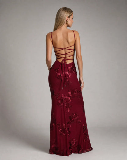 Bordeaux floral lace up back maxi dress back view with open lace up detail by ILYNORA