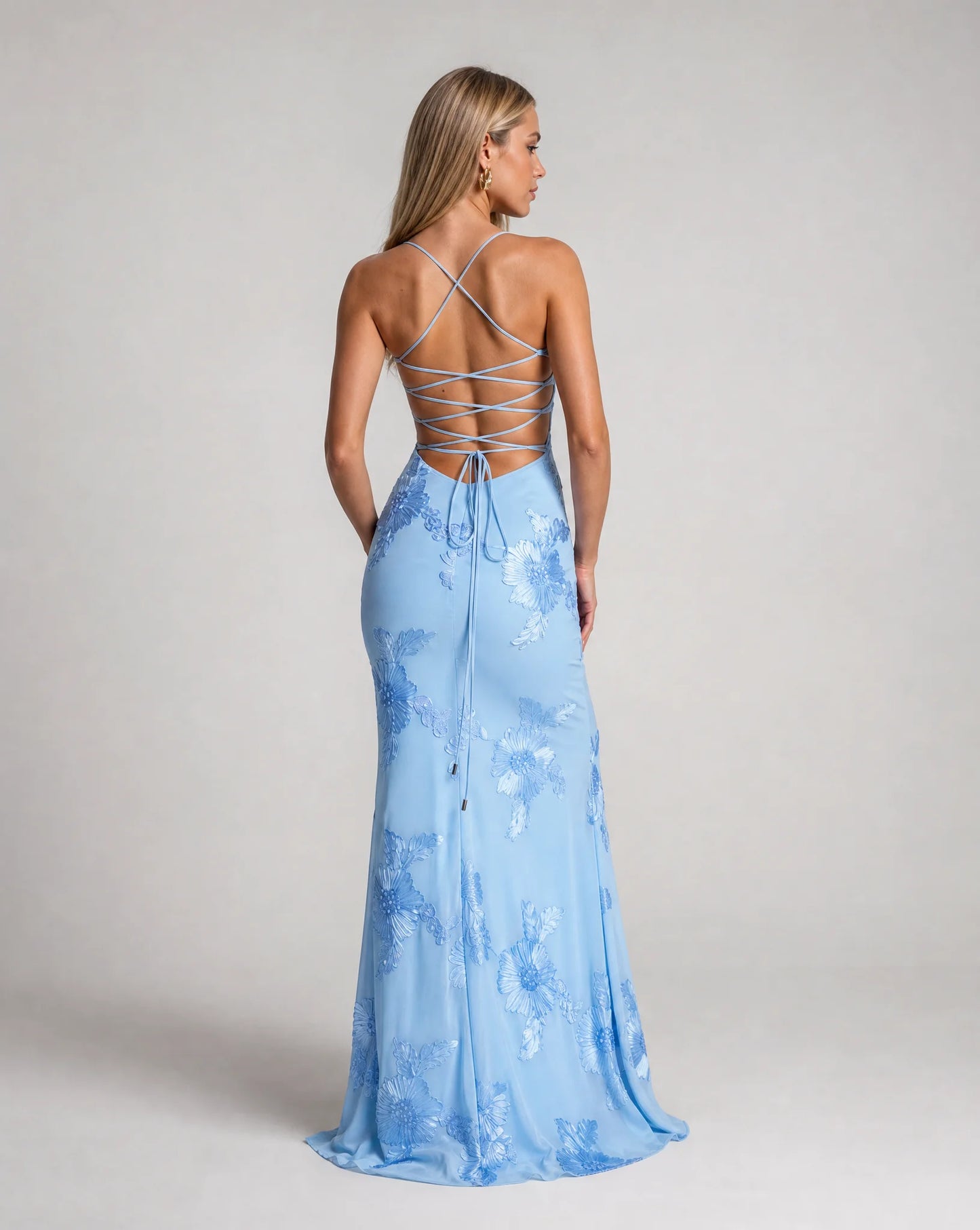 Light blue floral lace up back maxi dress back view with elegant open back detail by ILYNORA