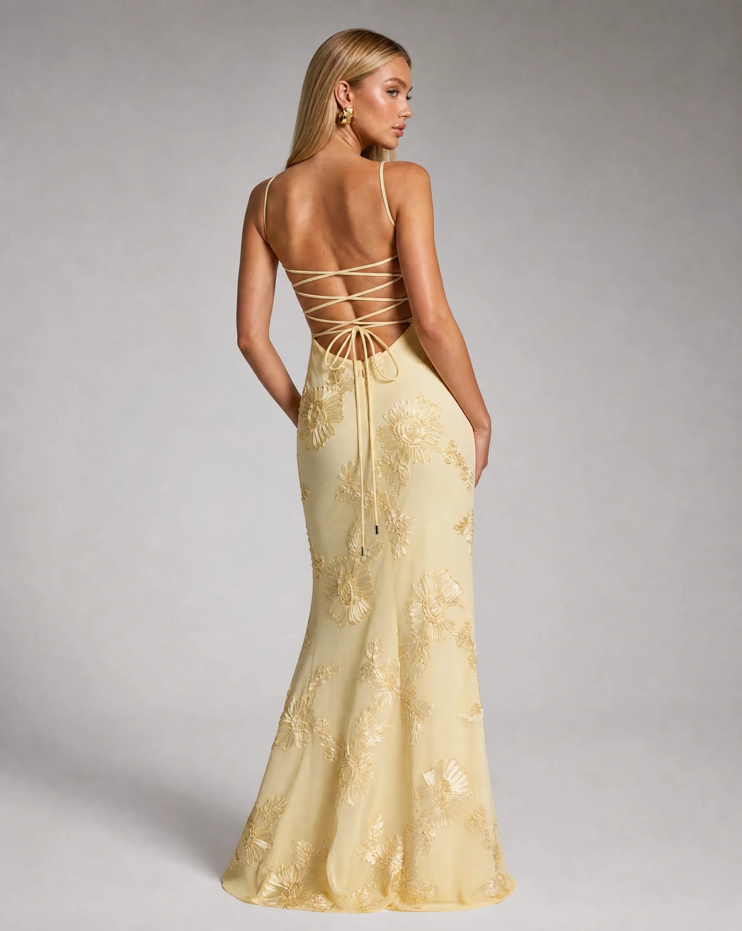 Yellow floral lace up back maxi dress back view with romantic open back design by ILYNORA