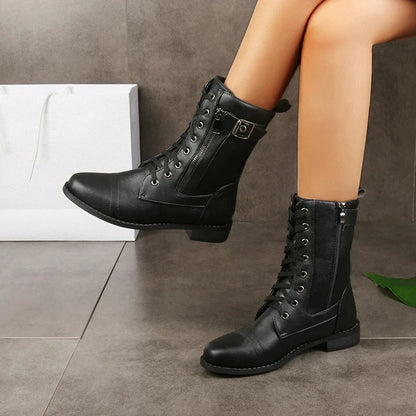 Women's Lace Up Buckled Combat Mid Calf Boots