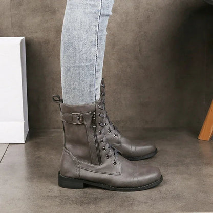 Women's Lace Up Buckled Combat Mid Calf Boots