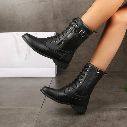 Women's Lace Up Buckled Combat Mid Calf Boots