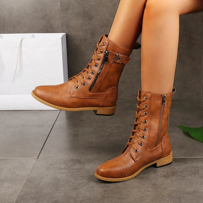 Women's Lace Up Buckled Combat Mid Calf Boots