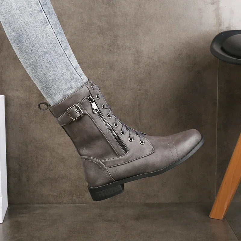 Women's Lace Up Buckled Combat Mid Calf Boots