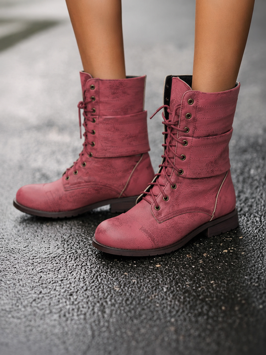 Women's Lace Up Combat Boots with Fold Over Cuff and Block Heel