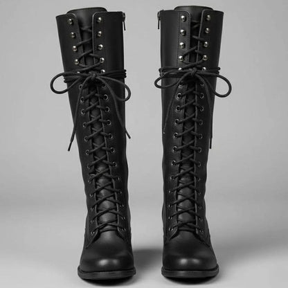 Women's Lace-Up Studded Knee-High Boots Block Heel