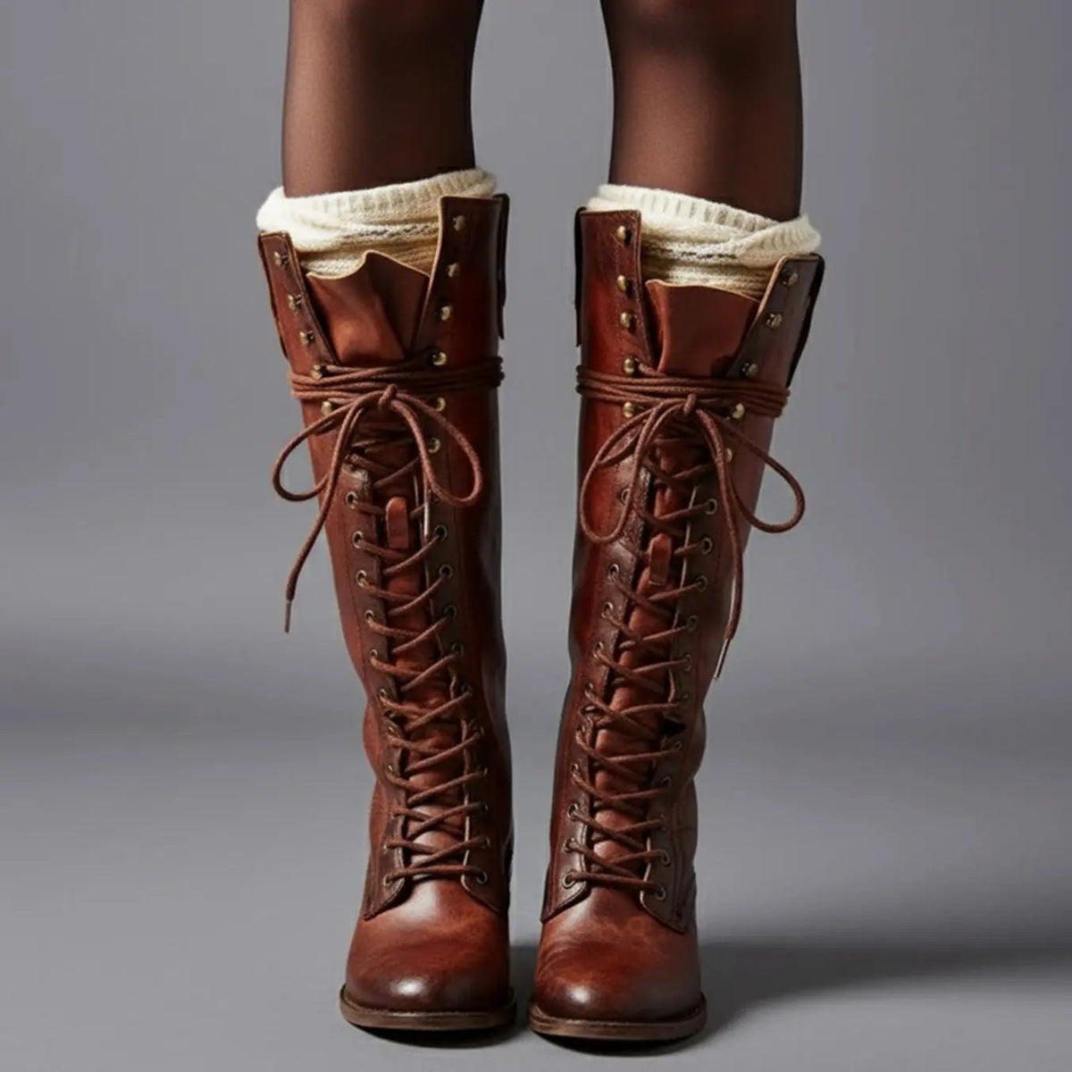 Women's Lace-Up Studded Knee-High Boots Block Heel