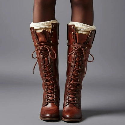 Women's Lace-Up Studded Knee-High Boots Block Heel