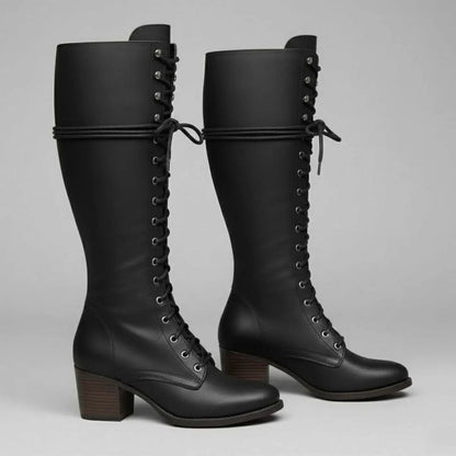 Women's Lace-Up Studded Knee-High Boots Block Heel