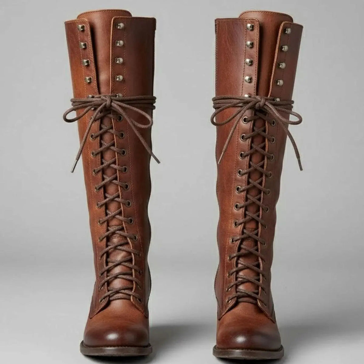 Women's Lace-Up Studded Knee-High Boots Block Heel