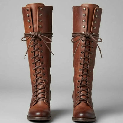 Women's Lace-Up Studded Knee-High Boots Block Heel