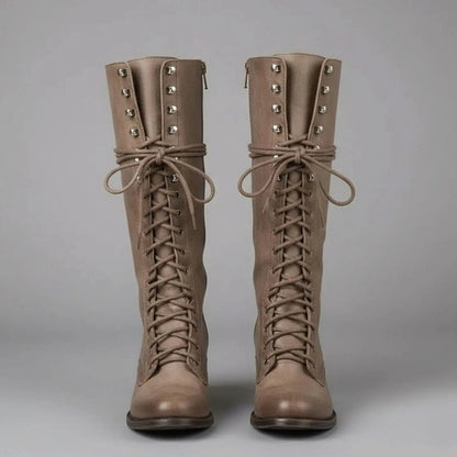 Women's Lace-Up Studded Knee-High Boots Block Heel