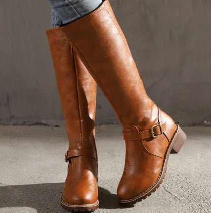 Women's Leather Knee High Riding Boots with Ankle Buckle Strap