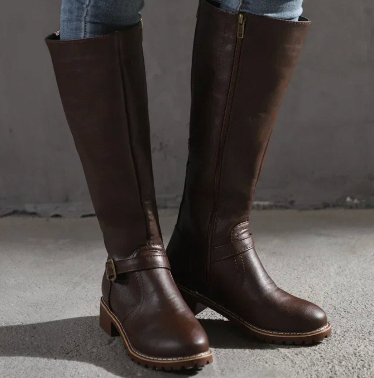 Women's Leather Knee High Riding Boots with Ankle Buckle Strap