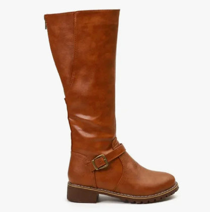 Women's Leather Knee High Riding Boots with Ankle Buckle Strap