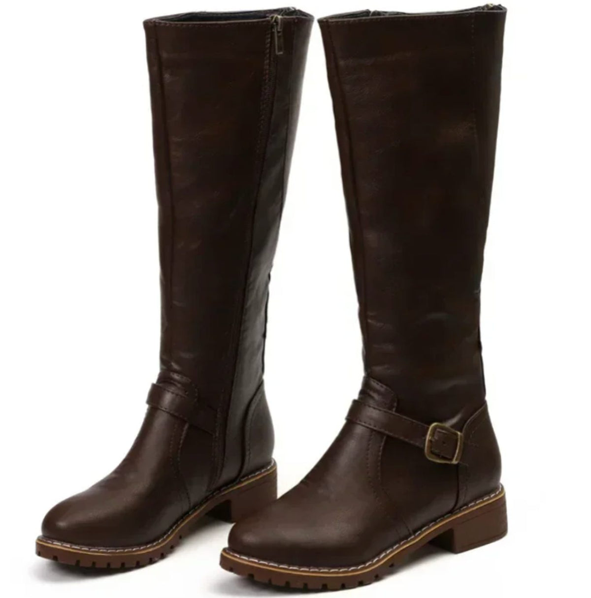 Women's Leather Knee High Riding Boots with Ankle Buckle Strap