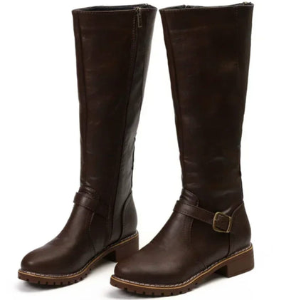 Women's Leather Knee High Riding Boots with Ankle Buckle Strap