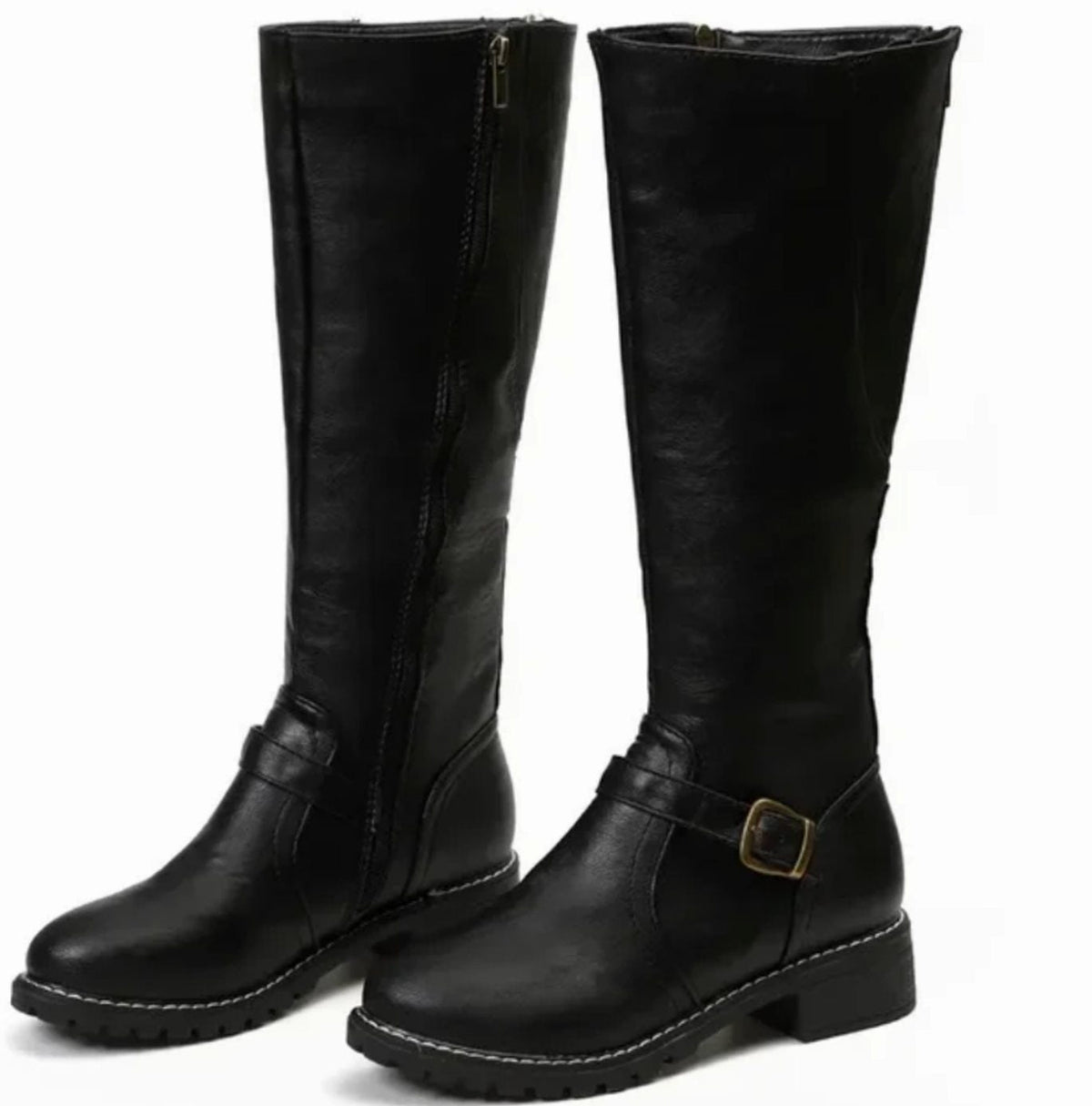 Women's Leather Knee High Riding Boots with Ankle Buckle Strap