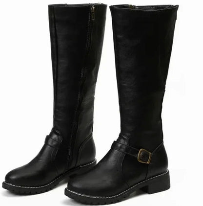 Women's Leather Knee High Riding Boots with Ankle Buckle Strap