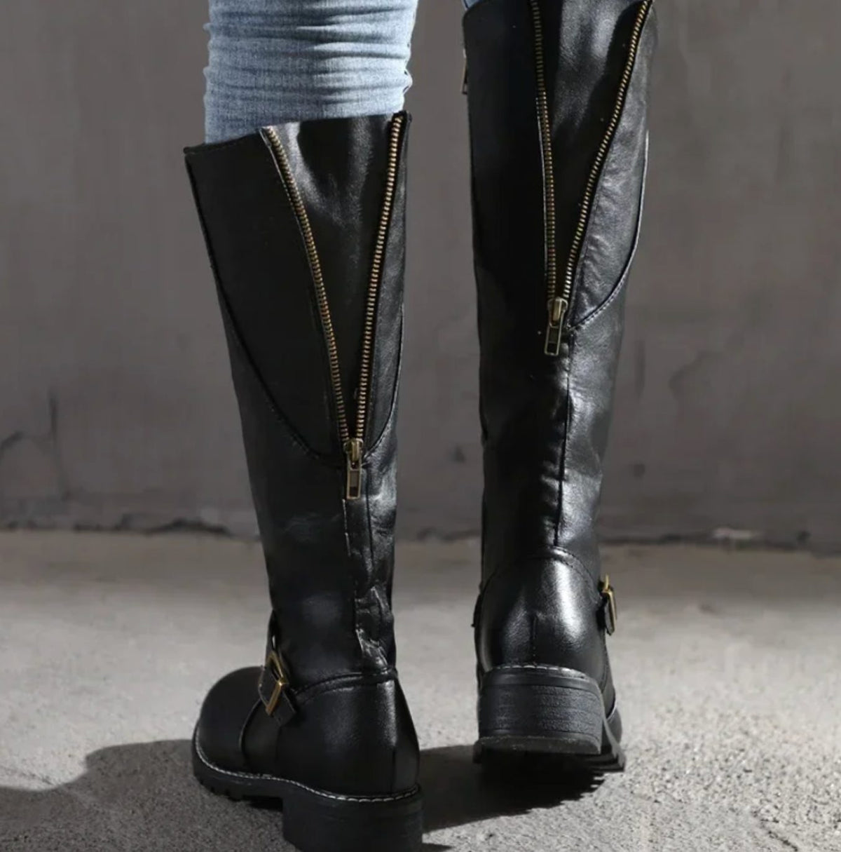 Women's Leather Knee High Riding Boots with Ankle Buckle Strap