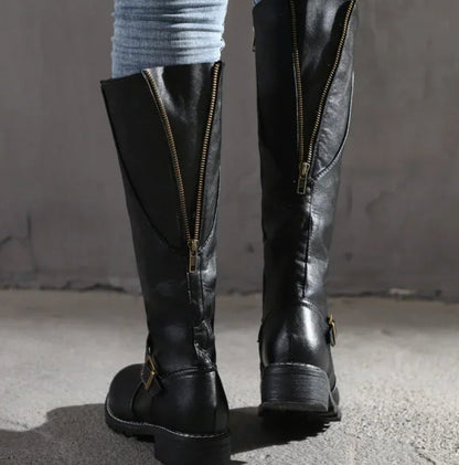 Women's Leather Knee High Riding Boots with Ankle Buckle Strap
