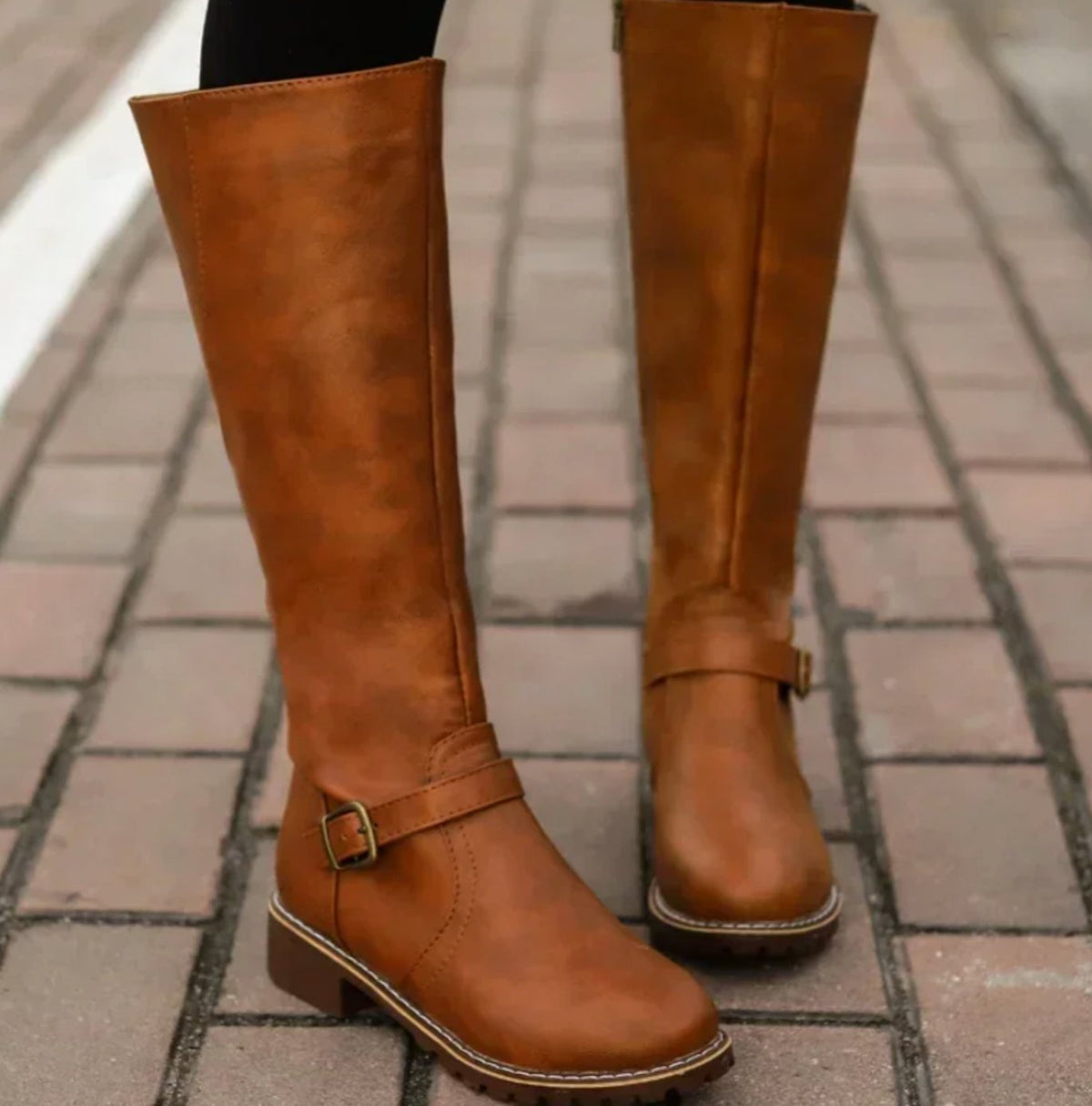 Women's Leather Knee High Riding Boots with Ankle Buckle Strap