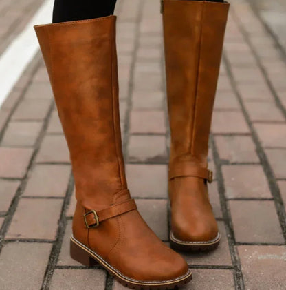 Women's Leather Knee High Riding Boots with Ankle Buckle Strap