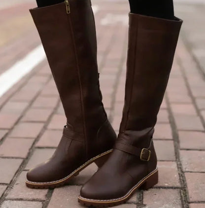 Women's Leather Knee High Riding Boots with Ankle Buckle Strap