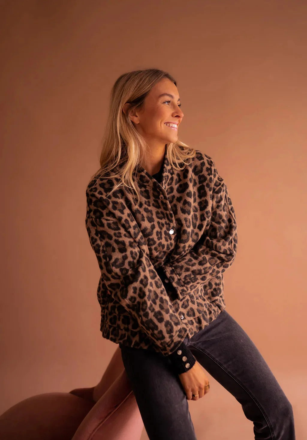 Women's Leopard Print Bomber Jacket With Snap Button Front