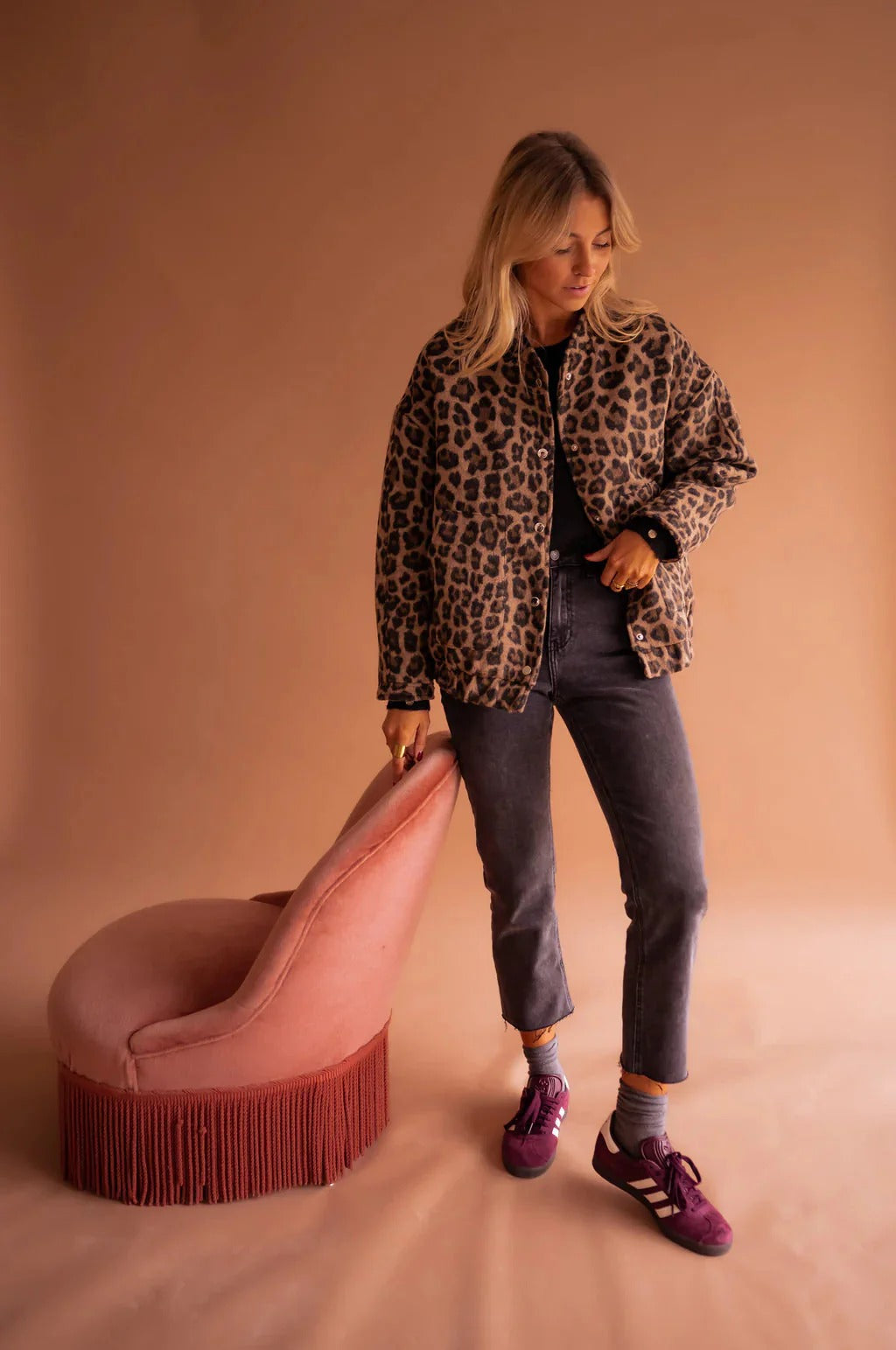 Women's Leopard Print Bomber Jacket With Snap Button Front