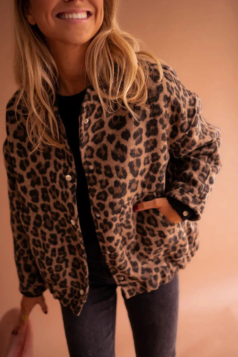 Women's Leopard Print Bomber Jacket With Snap Button Front