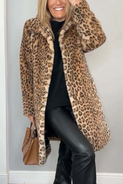 Women's Leopard Print Faux Fur Winter Coat with Shawl Collar