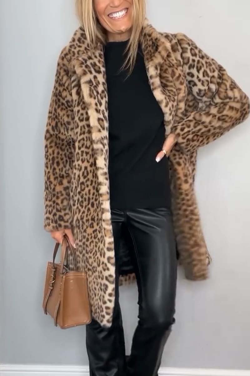 Women's Leopard Print Faux Fur Winter Coat with Shawl Collar