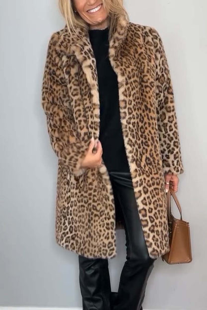 Women's Leopard Print Faux Fur Winter Coat with Shawl Collar