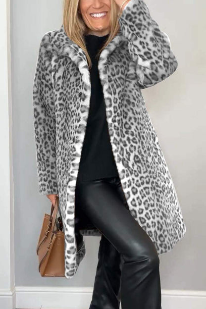 Women's Leopard Print Faux Fur Winter Coat with Shawl Collar