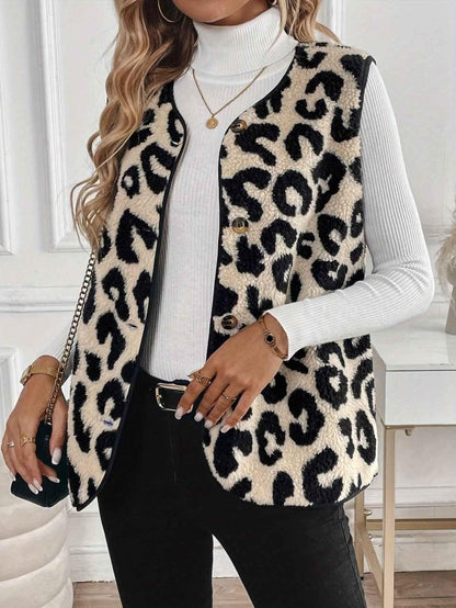 Women's Leopard Print Teddy Fleece Vest
