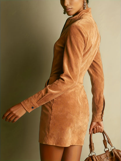 Women's Light Brown Long Sleeve Suede Mini Dress with Zip Front and Stand Collar