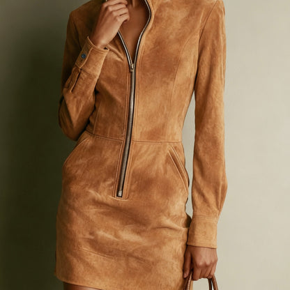 Women's Light Brown Long Sleeve Suede Mini Dress with Zip Front and Stand Collar