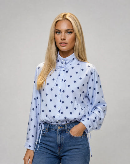 Women's blue polka dot lightweight jacket with relaxed fit and stylish everyday versatility by ILYNORA
