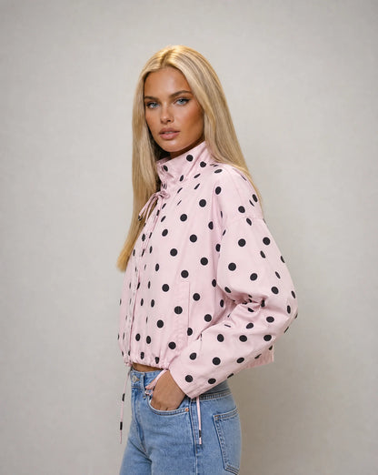 Women's pink polka dot jacket with adjustable drawstring hem and casual chic look by ILYNORA