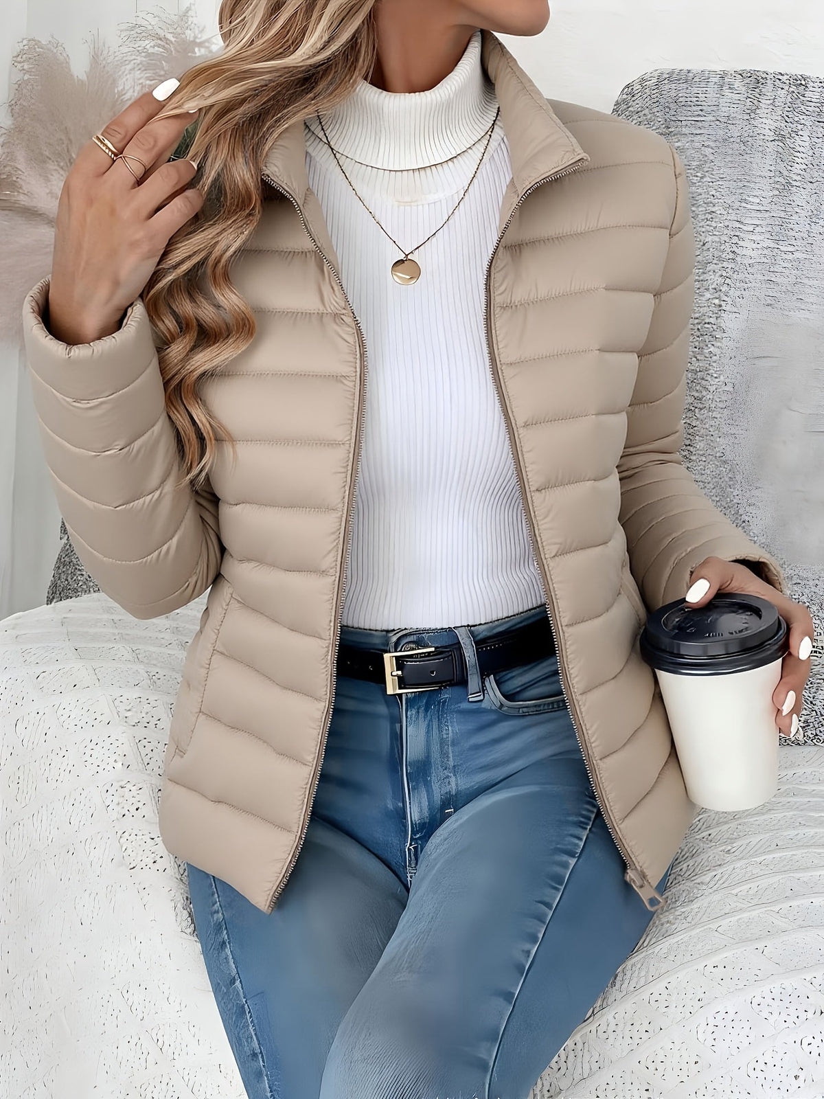 Women's Lightweight Puffer Jacket with Stand Collar