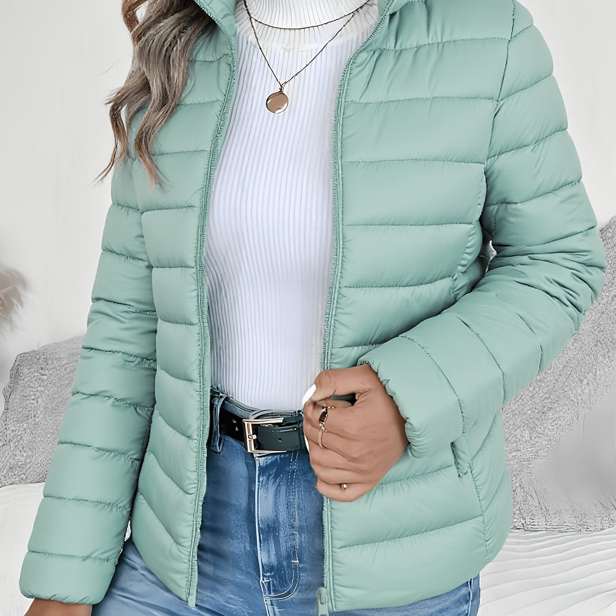 Women's Lightweight Puffer Jacket with Stand Collar