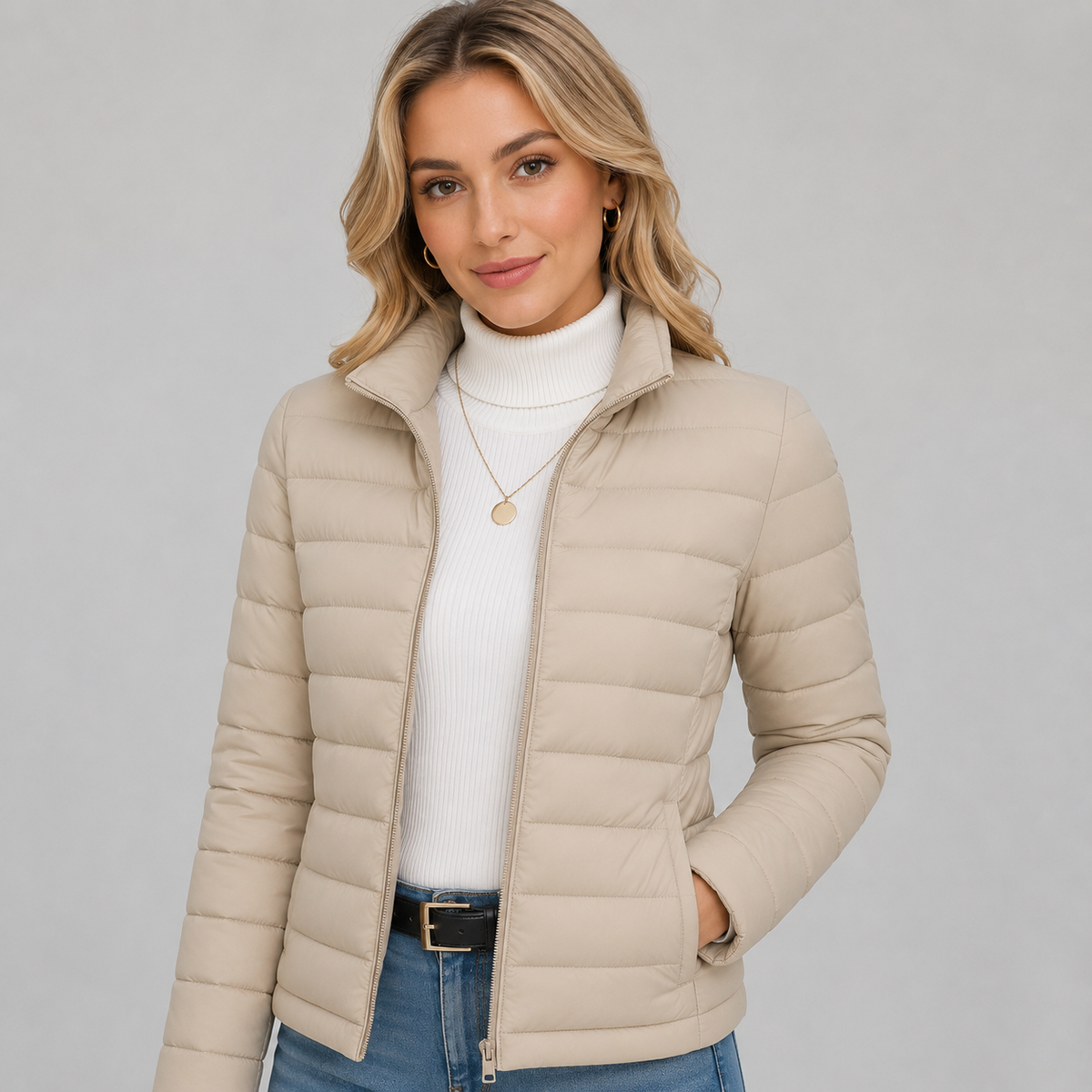 Women's Lightweight Puffer Jacket with Stand Collar