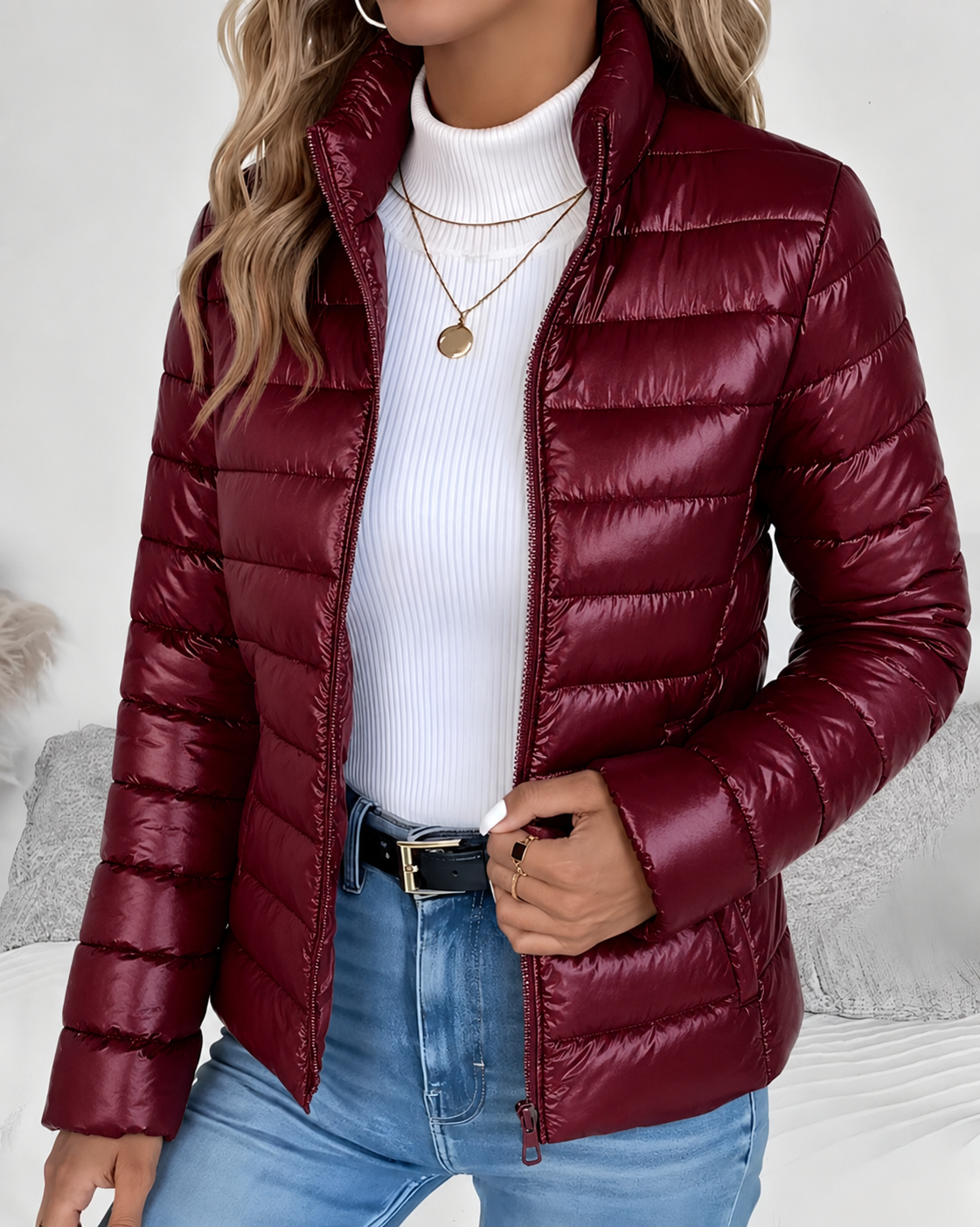 Women's Lightweight Puffer Jacket With Stand Collar