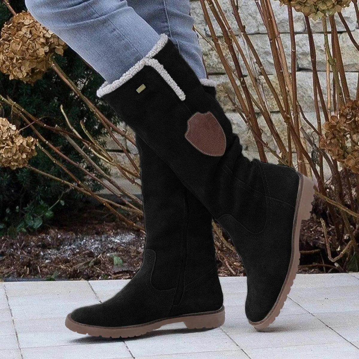 Women's Lined Winter Boots with Decorative Patch Accent