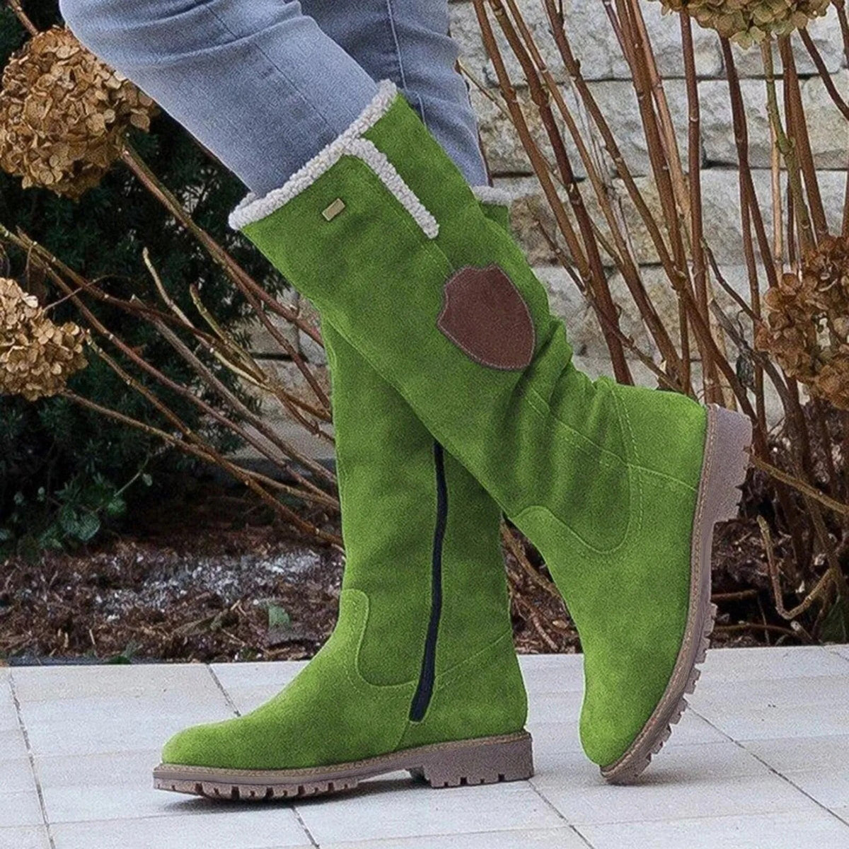 Women's Lined Winter Boots with Decorative Patch Accent