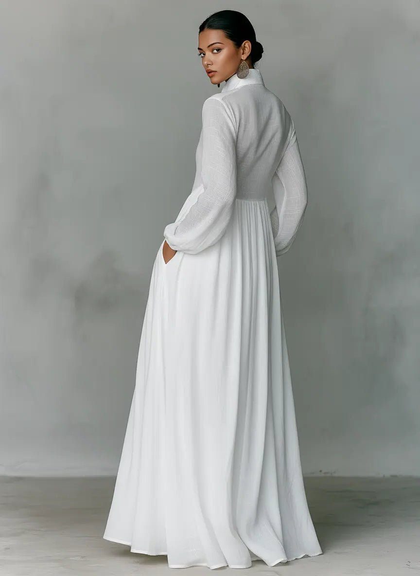 Women's Linen Blend Stand Collar Maxi Shirt Dress